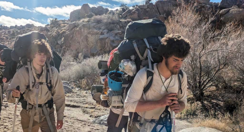 Two people wearing backpacks hike through large rocks and desert flora. 